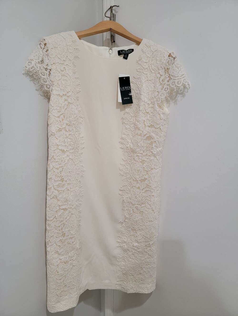 RALPH LAUREN IVORY LACE-ACCENT CAP SLEEVE DRESS